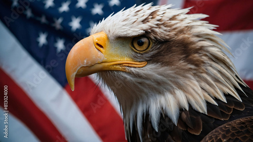 Capturing the essence of American pride, a majestic eagle soars against the backdrop of the Stars and Stripes, marking the celebration of USA Flag Day and Independence Day. ai generated