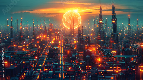 A sprawling futuristic cityscape glows under a twilight sky, dominated by a radiant holographic globe, symbolizing global connectivity