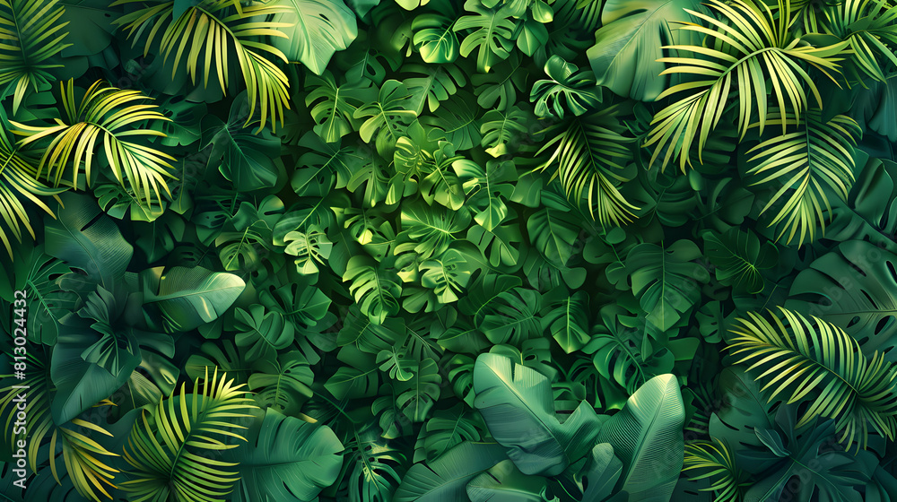Tropical Rainforest Aerial View Explore the Lush Greens from Above with Flat Design Backdrop Tropical Rainforest Aerial View Explore the Lush Greens from Above with Flat Design Backdrop