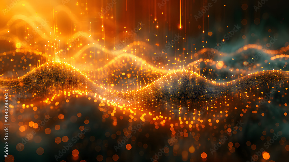 Digital illustration of dynamic golden waves with light particles and vertical light rays creating a glowing, vibrant scene