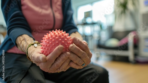 Senior  Holding Therapy Ball. Senior as she grips a therapy ball, demonstrating exercises possibly related to maintaining motor skills or rehabilitation in a well-lit therapy room. Alzheimer