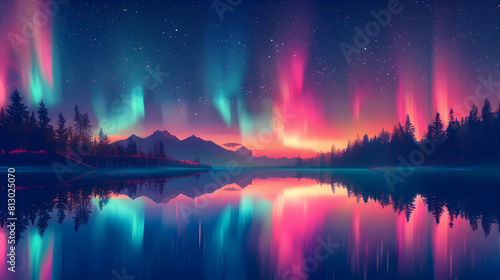 Enchanting Flat Design Backdrop  Reflections of the Aurora   Northern Lights Dance on Serene Lake  Doubling Vibrant Spectacle. Flat Illustration Concept.