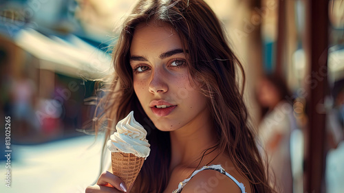 close up of a pretty girl eating ice cream, woman with ice cream, summer scene