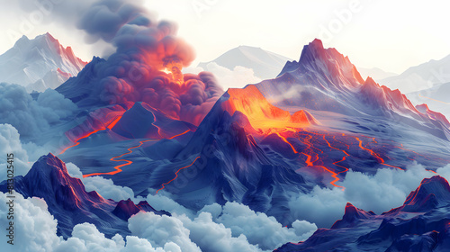 Sulfur Vents in Volcanic Terrain: Flat Design Backdrop Depicting Geothermal Activity with Isometric Scene Illustration
