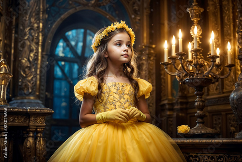 Portrait fashionable little girl in yellow dress and gloves in decorated mystical room. Elegant beauty stylish princess smiling looking up. Fantasy art photo, fairy tale concept. Copy text space