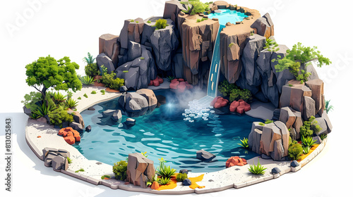 Unique Natural Spa Experience: Thermal Pools Steaming in Volcanic Setting Isometric Flat Design Backdrop Illustrating Rugged Landscapes