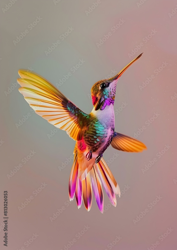 Obraz premium Iridescent Hummingbird Hovering A HighSpeed Photograph Capturing the Grace and Beauty of Natures Fastest Flying Jewel