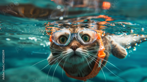Adventurous British Shorthair Cat Exploring the Waters Wearing Swim Gear
