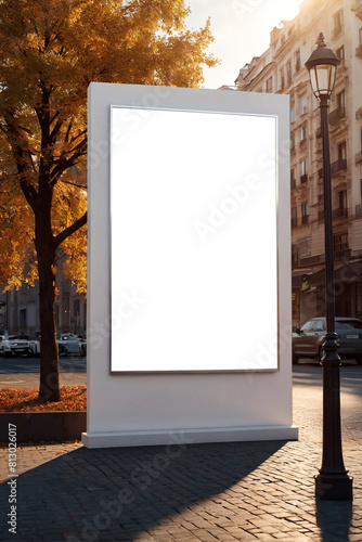 Large blank advertising billboard in autumn urban street at sunset, ad banner mock-up. Promo poster mockup in city with template for your text, golden hour. Business idea design concept. Copy ad space
