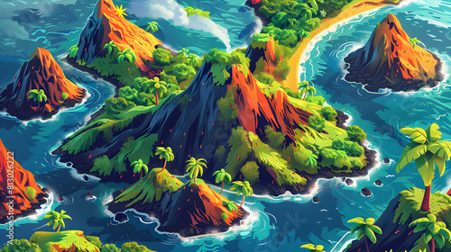 Aerial View of Volcanic Archipelago: Flat Design Backdrop with Vibrant Life and Diverse Formations on Each Island photo