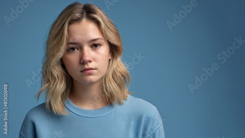 Portrait of a sad young blonde woman with acne © Unnamed  Bird