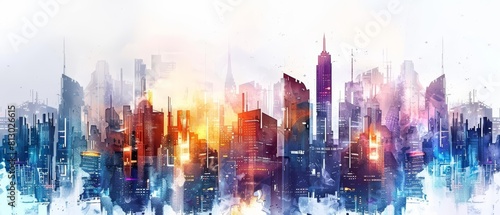 A fantastic watercolor of a futuristic cityscape, showcasing towering skyscrapers with glowing windows, isolated with a white background photo