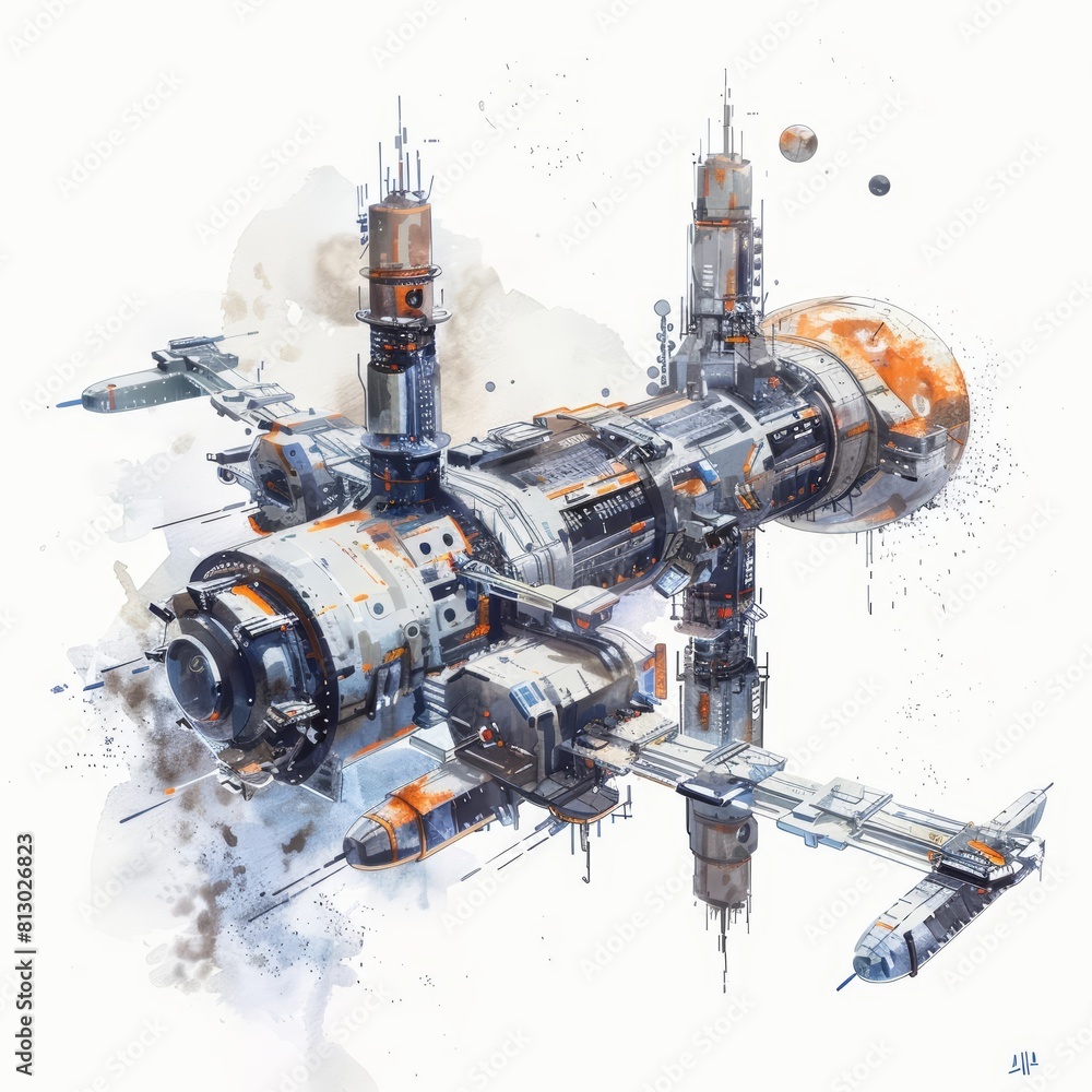 A futuristic watercolor of an interstellar space station, with detailed modules and satellites, isolated minimal with white background A futuristic watercolor of an interstellar space station, with detailed modules and satellites, isolated minimal with white background