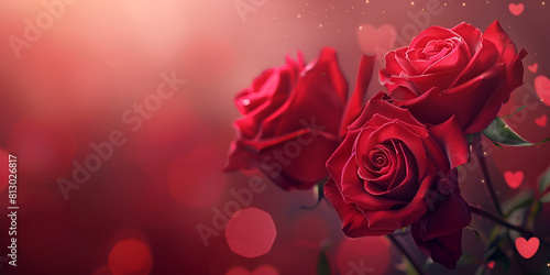Red roses Valentine background for copy space text Flower frame Top view
