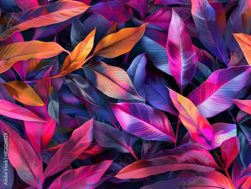 A glamorous digital art background features a seamless pattern of tropical  colorful leaves  setting the stage for a luxury fashion fabric or wallpaper