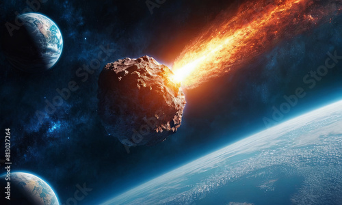 An asteroid hurtles towards Earth, posing a significant threat of impact and destruction photo