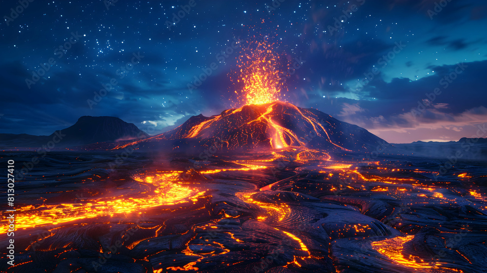 Intense Beauty: Active Volcano Erupting Under Starry Night Sky with Lava Trail   Surreal and Mesmerizing Nighttime Landscape Photo Stock Concept
