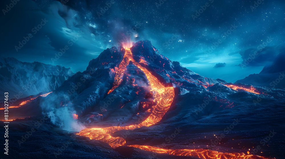 Striking Photo Realistic Scene: Active Volcano Erupting Under Starlit Night Sky with Lava Trail Illuminating Darkness   Photo Stock Concept