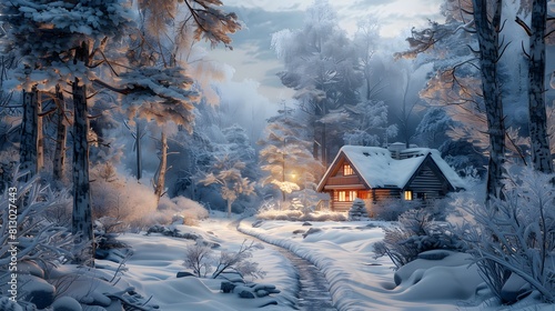 tranquility of a winter scene with a cozy cabin nestled amidst a snowy forest © MyBackground