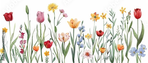A set of watercolor of a whimsical garden full of spring flowers  bursting with colors  Clipart isolated concept minimal with white background