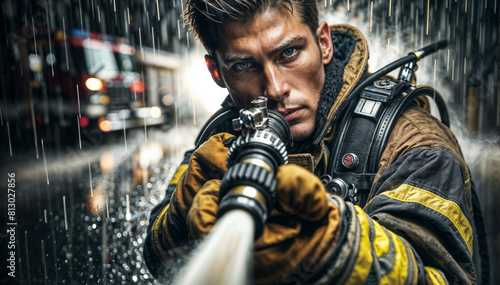 Intense portrait of an attractive firefighter in action during a rainy night 