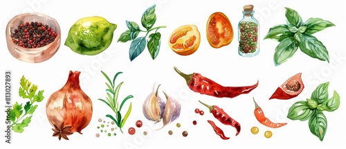 Fototapeta Naklejka Na Ścianę i Meble -  A set of watercolor of a colorful assortment of exotic spices, a gateway to flavorful adventures, Clipart isolated with a white background