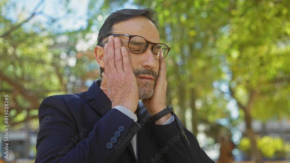 A stressed mature man in glasses holds his face in a park, embodying frustration or headache in an outdoor setting. A stressed mature man in glasses holds his face in a park, embodying frustration or headache in an outdoor setting.