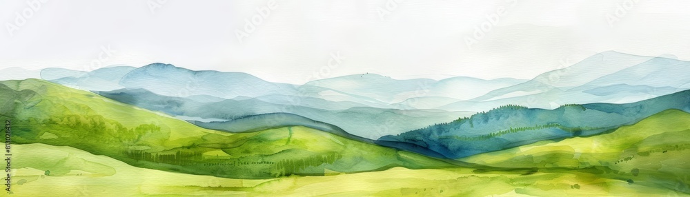 A small watercolor painting of a serene mountain landscape, highlighting rolling hills and a clear sky, presented with an isolated white background
