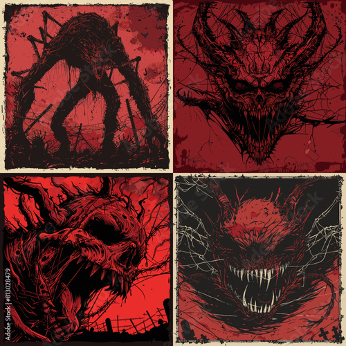 Terrifying dark fantasy artwork featuring monstrous creatures, demonic skulls, and eerie beasts with sharp teeth, set against a blood-red background in a horror-inspired style.