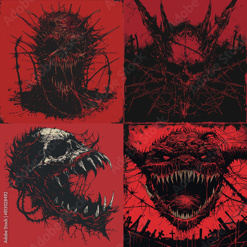 Terrifying horror artwork featuring monstrous creatures with sharp teeth, skeletal faces, barbed wire, and eerie darkness in a gruesome dark fantasy and nightmare-inspired style