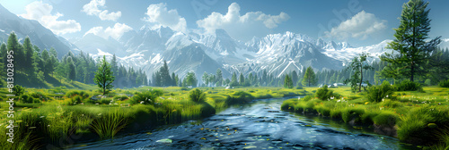 Pure and untouched Alpine meadows intersected by crystal clear mountain streams in a photo realistic concept photo