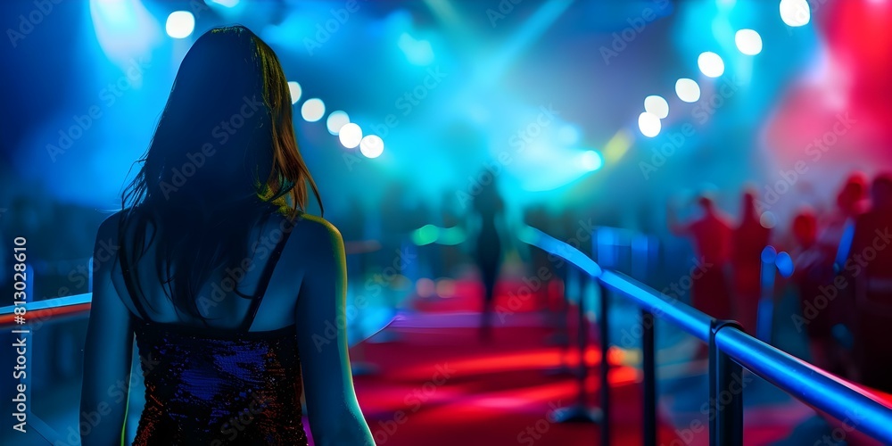 Obraz premium A woman confidently walking on the red carpet at a glamorous event. Concept Celebrity Fashion, Red Carpet Glamour, Confidence and Elegance, High-Profile Event, Glamorous Entrance