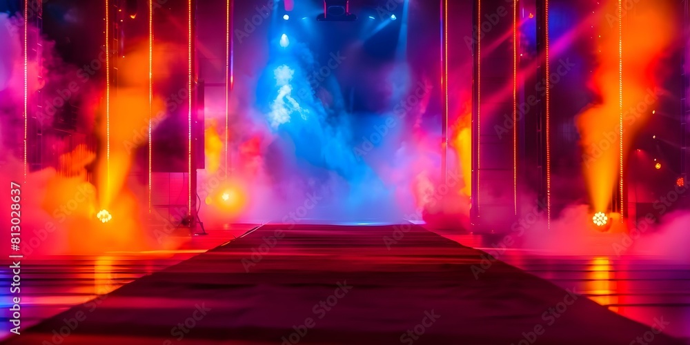 Fototapeta premium Glamorous red carpet event with a brightly lit stage. Concept Red Carpet Event, Glamorous Setting, Bright Stage Lights, VIP Guests, Elegant Outfits