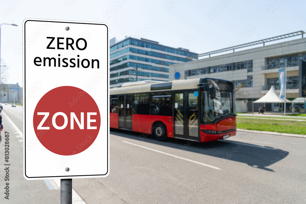 Road sign Zero emission ZONE. Clean mobility concept