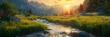 Golden Hour Magic: Alpine Meadows at Dusk   The sun sets over Alpine meadows in a stunning display, perfect for capturing serene evening walks in this photo realistic concept