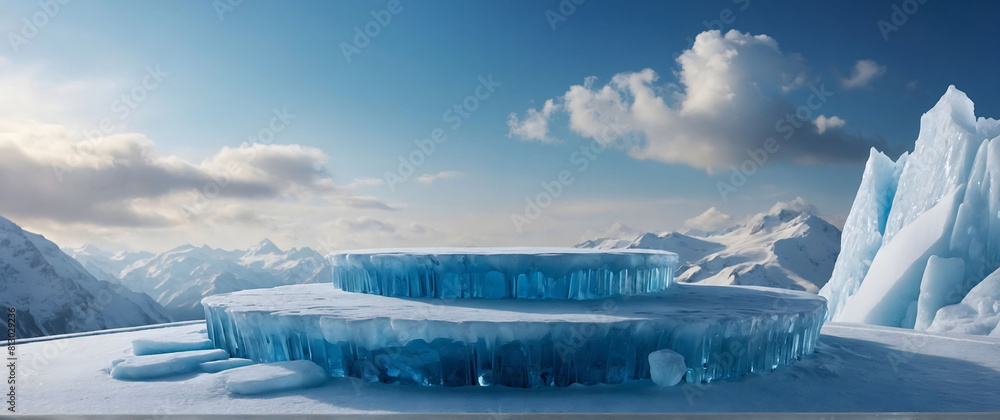 Ice podium background snow winter product platform cold mountain 3D. Podium ice display background cosmetic sky floor blue scene landscape frozen white cool stand pedestal minimal rock glacier nature. Ice podium background snow winter product platform cold mountain 3D. Podium ice display background cosmetic sky floor blue scene landscape frozen white cool stand pedestal minimal rock glacier nature.