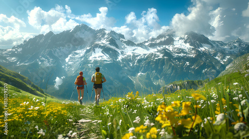 Photo realistic Alpine Meadows Trail Running: Trail runners challenge themselves in vast meadows, embracing natural terrain and scenery Photo Stock Concept
