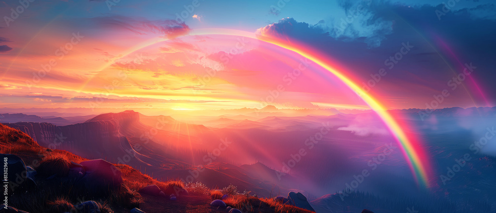 A rainbow arching over the mountains, with vibrant colors and a stunning sunset backdrop A rainbow arching over the mountains, with vibrant colors and a stunning sunset backdrop