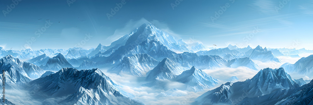 Alpine Solitude: A solitary peak amidst snowy mountains capturing untouched beauty and solitude in a photo realistic concept