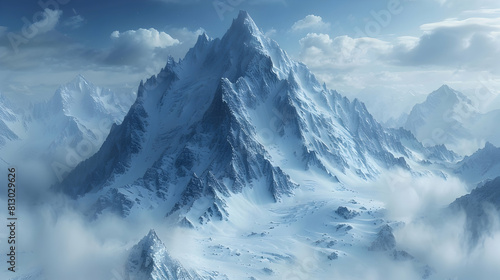 Alpine Solitude: A solitary peak stands tall among snow capped mountains, a testament to untouched beauty Photo realistic concept