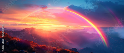 A rainbow arching over the mountains, with vibrant colors and a stunning sunset backdrop