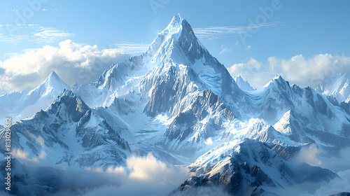 Photo realistic of Alpine Solitude: A solitary peak towering amidst snow capped mountains   a portrayal of untouched beauty and unparalleled solitude in nature landscape © Gohgah