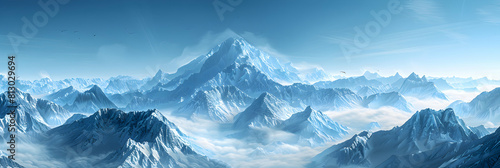 Alpine Solitude: A solitary peak amidst snowy mountains capturing untouched beauty and solitude in a photo realistic concept photo