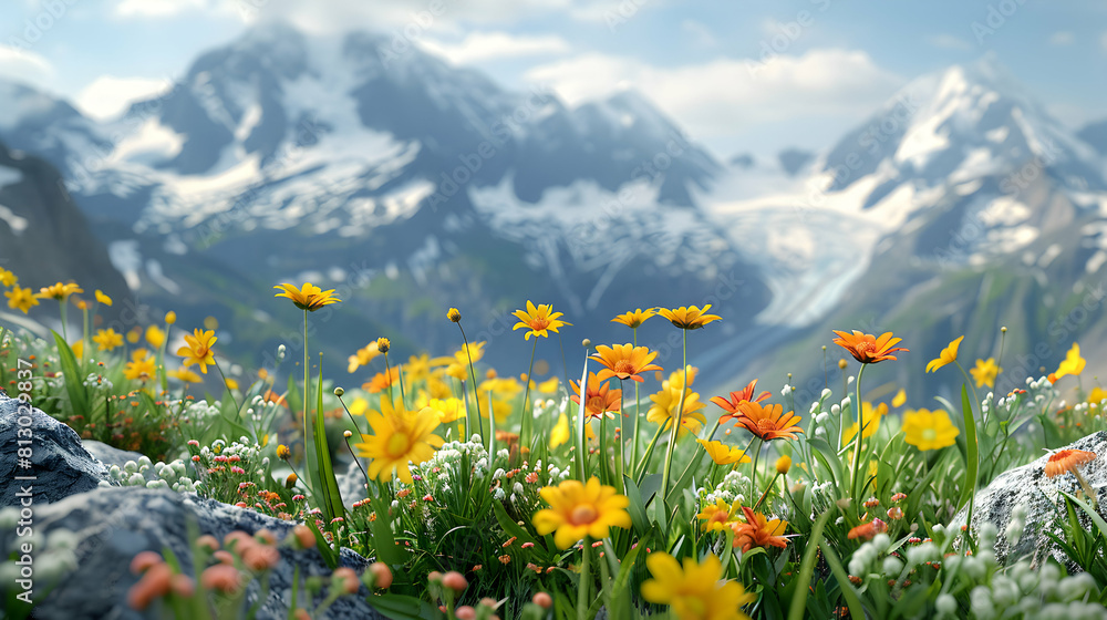 Vibrant Alpine Wildflowers in Mountain Landscape   A Stunning Contrast of Nature s Beauty in Photo Realistic Concept