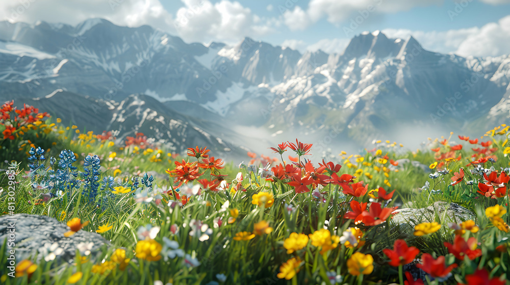 Photo realistic Alpine Wildflowers: Vibrant Blooms Against Majestic Mountains in Stunning Contrast