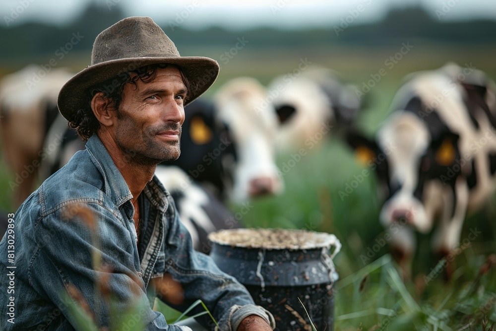 A rugged cowboy with a warm smile sits near a herd of cows in a green field, implying connection to nature