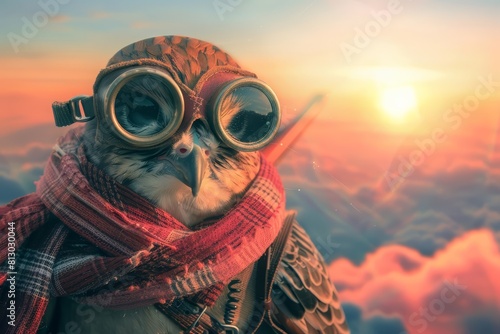 Futuristic concept of a migratory bird wearing aviator goggles and a scarf
