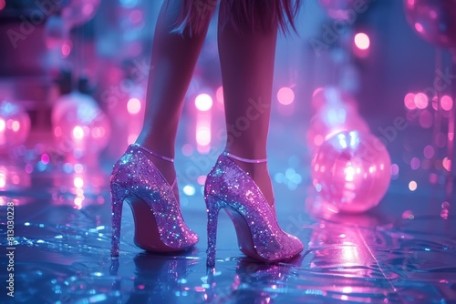 Bright neon lights reflect on the wet ground, complementing the sparkle of stylish ankle boots