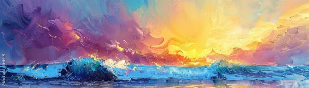 Obraz premium Sunset over the ocean paints the waves in hues of blue, yellow, and pink, ideal for a beach party invitation backdrop