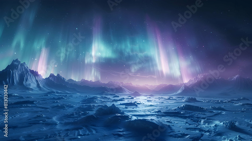 Enchanting Aurora: Frozen Tundra Majesty Captured in Stunning Photo Realism   Awe Inspiring Arctic Spectacle of Northern Lights Illuminating Vast Frozen Landscape © Gohgah